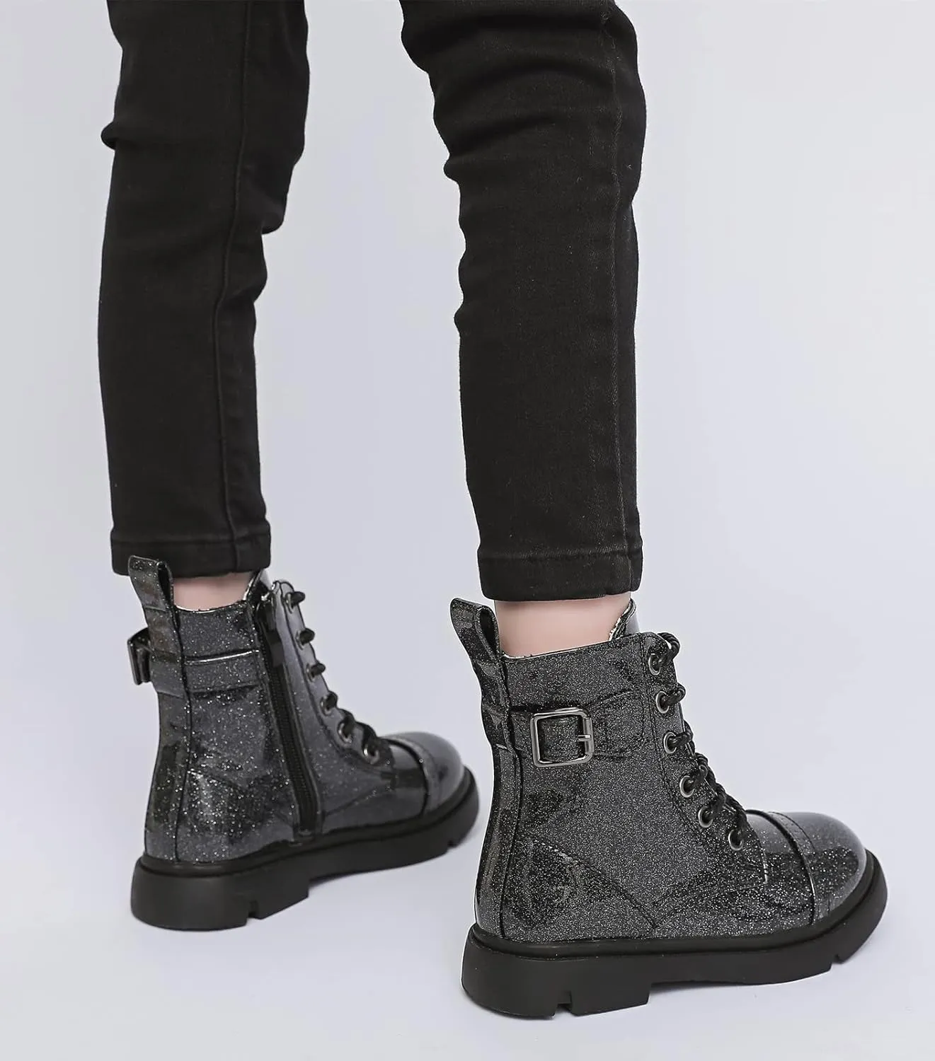 kkdom Boys Girls Waterproof Outdoor Glitter Lace Up Side Zipper Mid Calf Combat Boots(Toddler/Little Kid/Big Kid)