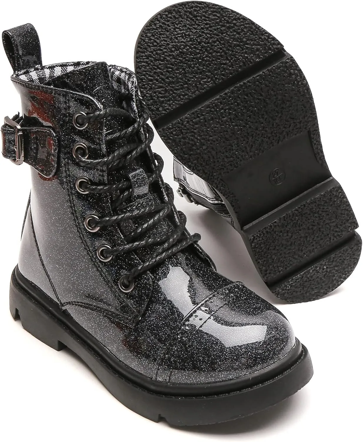 kkdom Boys Girls Waterproof Outdoor Glitter Lace Up Side Zipper Mid Calf Combat Boots(Toddler/Little Kid/Big Kid)