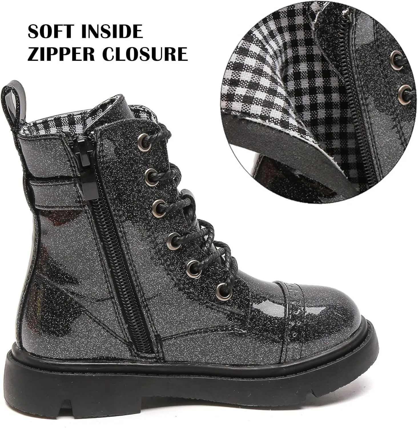 kkdom Boys Girls Waterproof Outdoor Glitter Lace Up Side Zipper Mid Calf Combat Boots(Toddler/Little Kid/Big Kid)