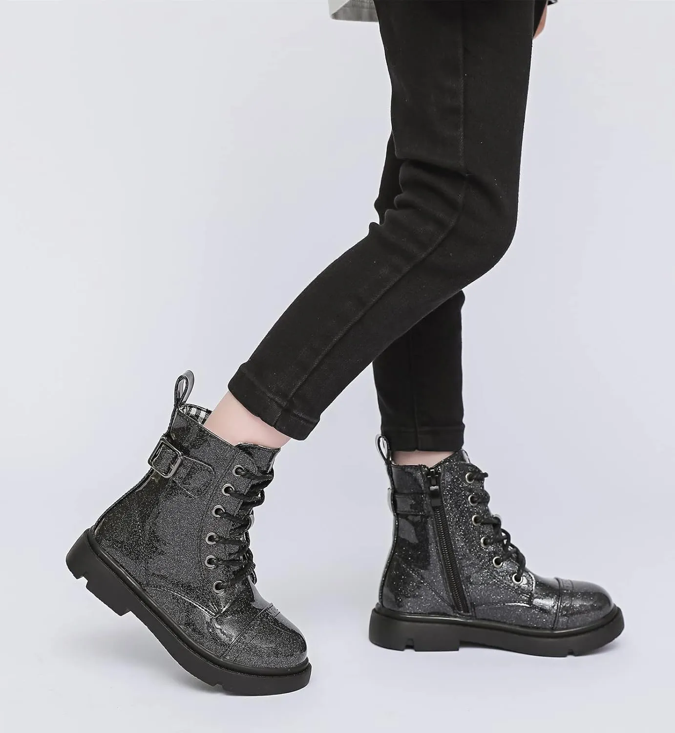 kkdom Boys Girls Waterproof Outdoor Glitter Lace Up Side Zipper Mid Calf Combat Boots(Toddler/Little Kid/Big Kid)