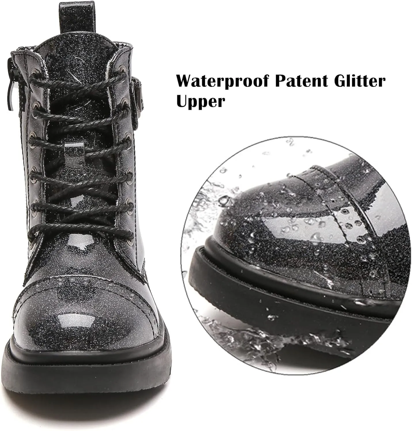 kkdom Boys Girls Waterproof Outdoor Glitter Lace Up Side Zipper Mid Calf Combat Boots(Toddler/Little Kid/Big Kid)