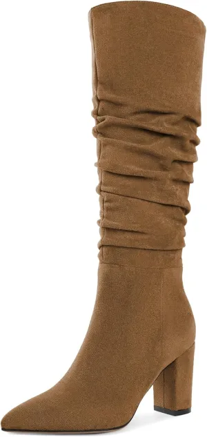 Knee High Boots for Women Chunky Heel Boots Classic Pointed Toe Boots Slouchy Booties for Work Office Comfortable Retro High Heel Boots