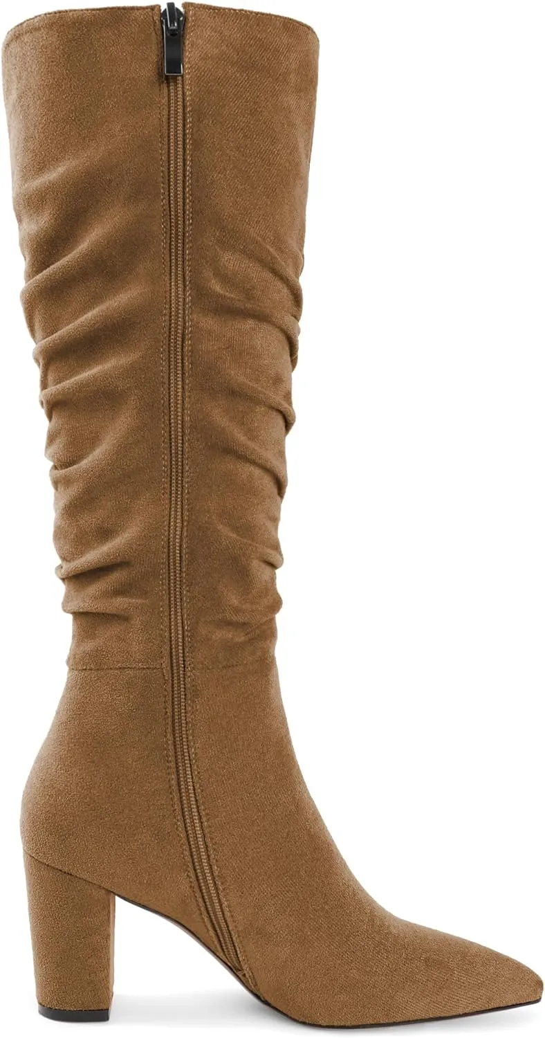 Knee High Boots for Women Chunky Heel Boots Classic Pointed Toe Boots Slouchy Booties for Work Office Comfortable Retro High Heel Boots