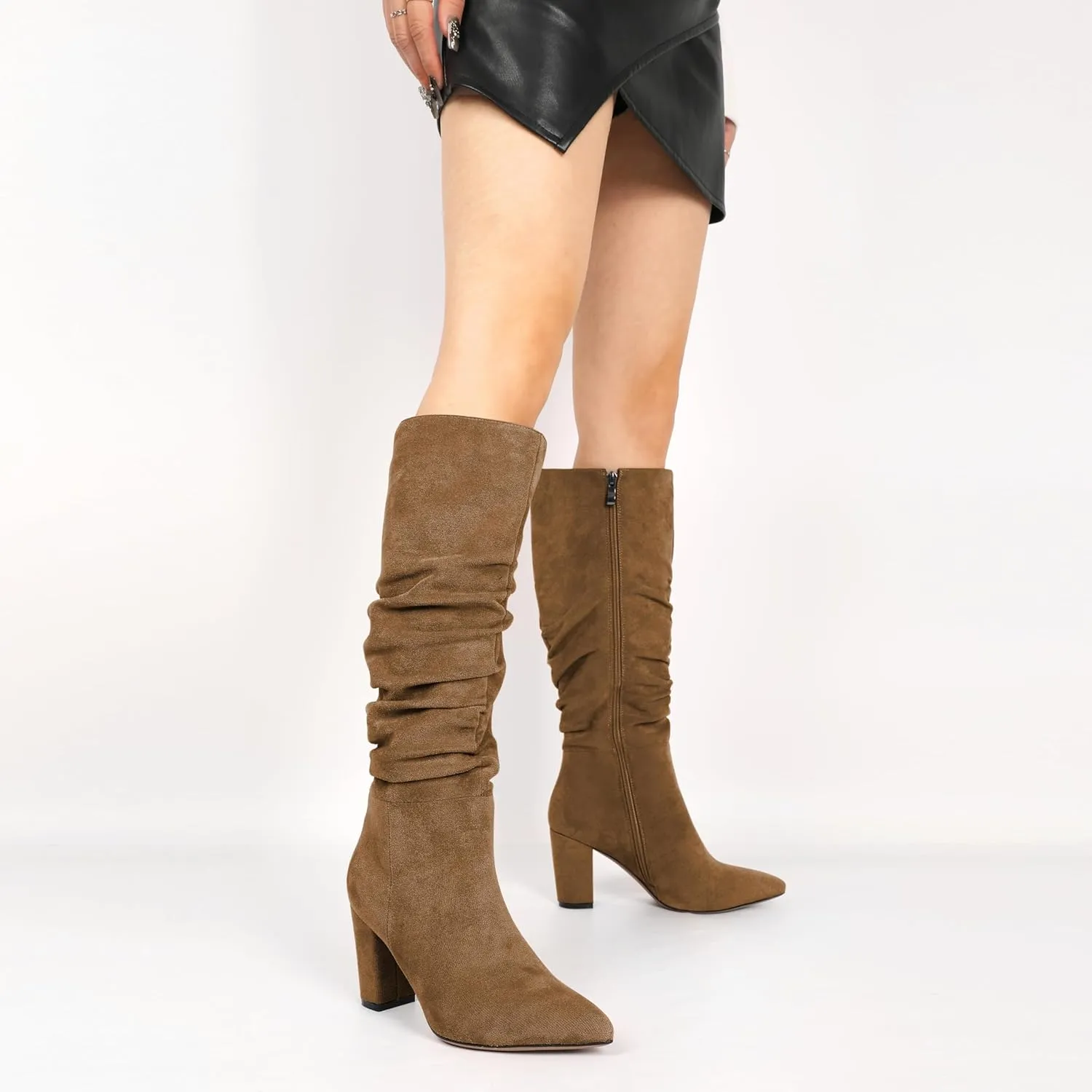 Knee High Boots for Women Chunky Heel Boots Classic Pointed Toe Boots Slouchy Booties for Work Office Comfortable Retro High Heel Boots