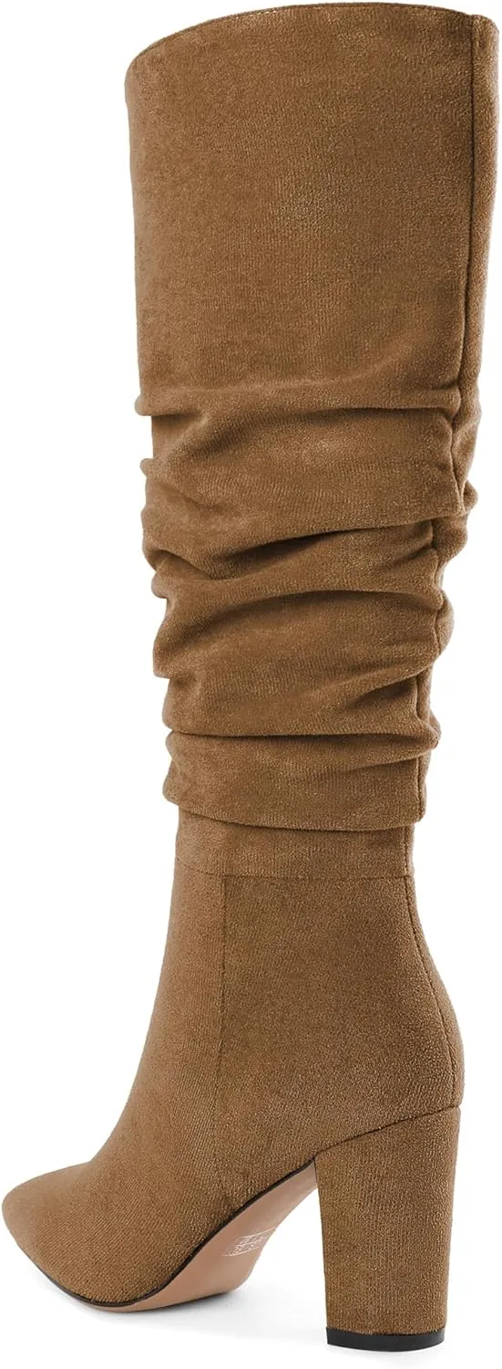 Knee High Boots for Women Chunky Heel Boots Classic Pointed Toe Boots Slouchy Booties for Work Office Comfortable Retro High Heel Boots