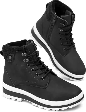 kufeiti Women's Waterproof Fur Lined Winter Boots Platform Black Combat Non Slip Boots with Side Zipper Snow Ankle Boots for Outdoor Hiking Work