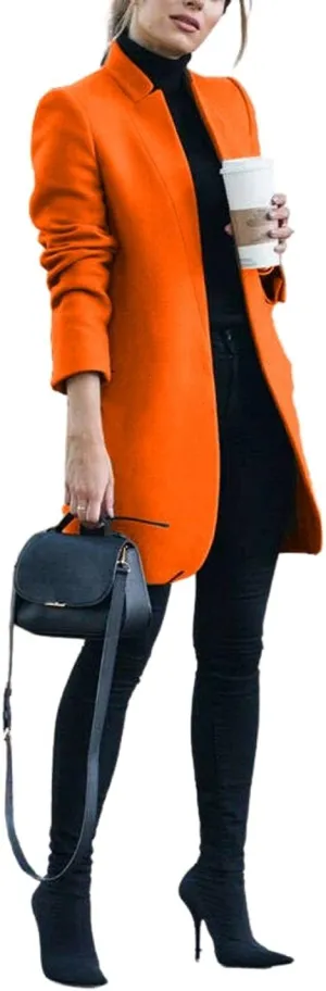 Kwoki Women's Stand Collar Open Front Pea Coat Casual Winter Warm Mid Long Blazer Trench Coats Overcoat Outerwear 0181-Orange-S