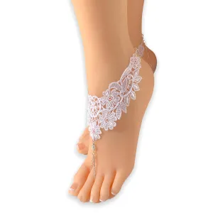 Lace Barefoot Sandals, White Beaded Foot Jewelry, Silver Chain Anklets. Beach Wedding Bridal Accessory (US Women's shoe size 5)