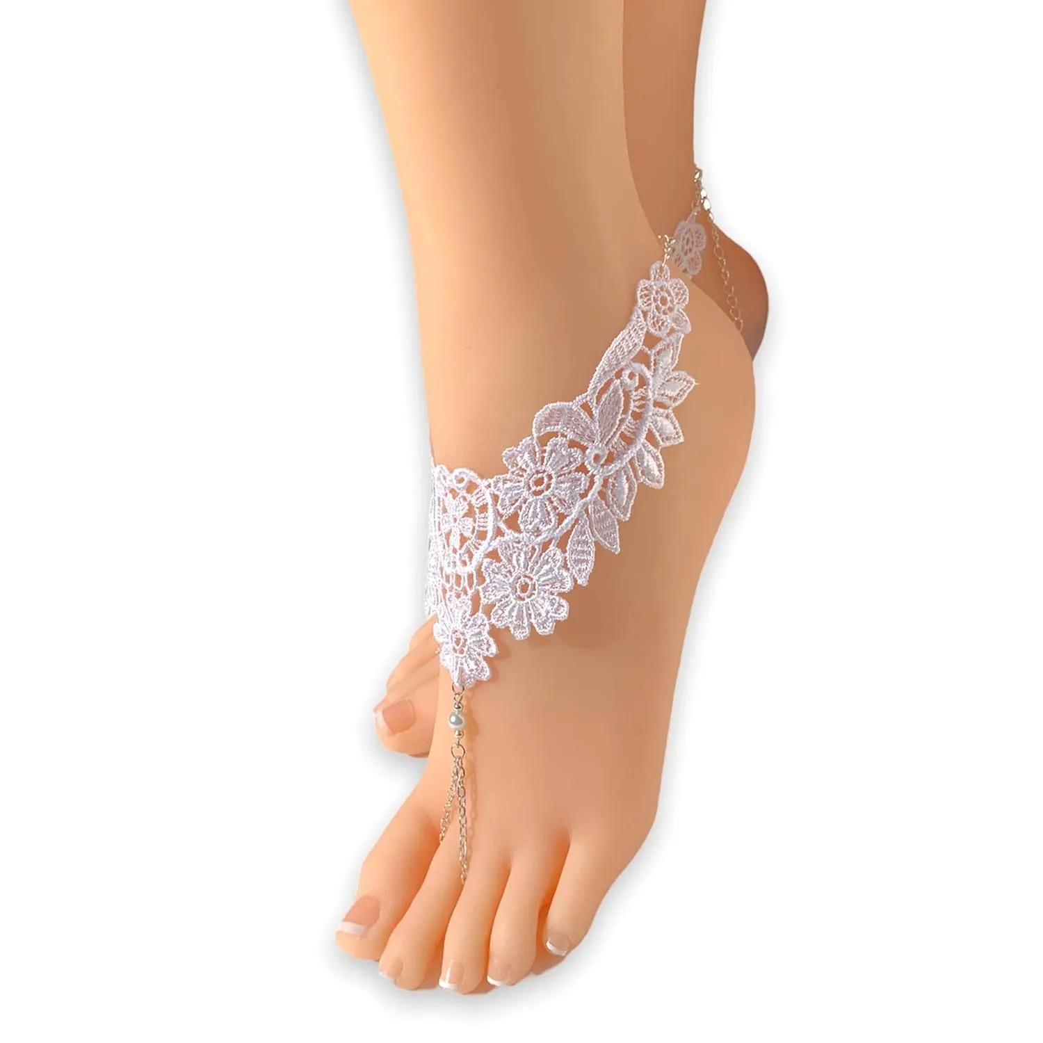 Lace Barefoot Sandals, White Beaded Foot Jewelry, Silver Chain Anklets. Beach Wedding Bridal Accessory (US Women's shoe size 5)