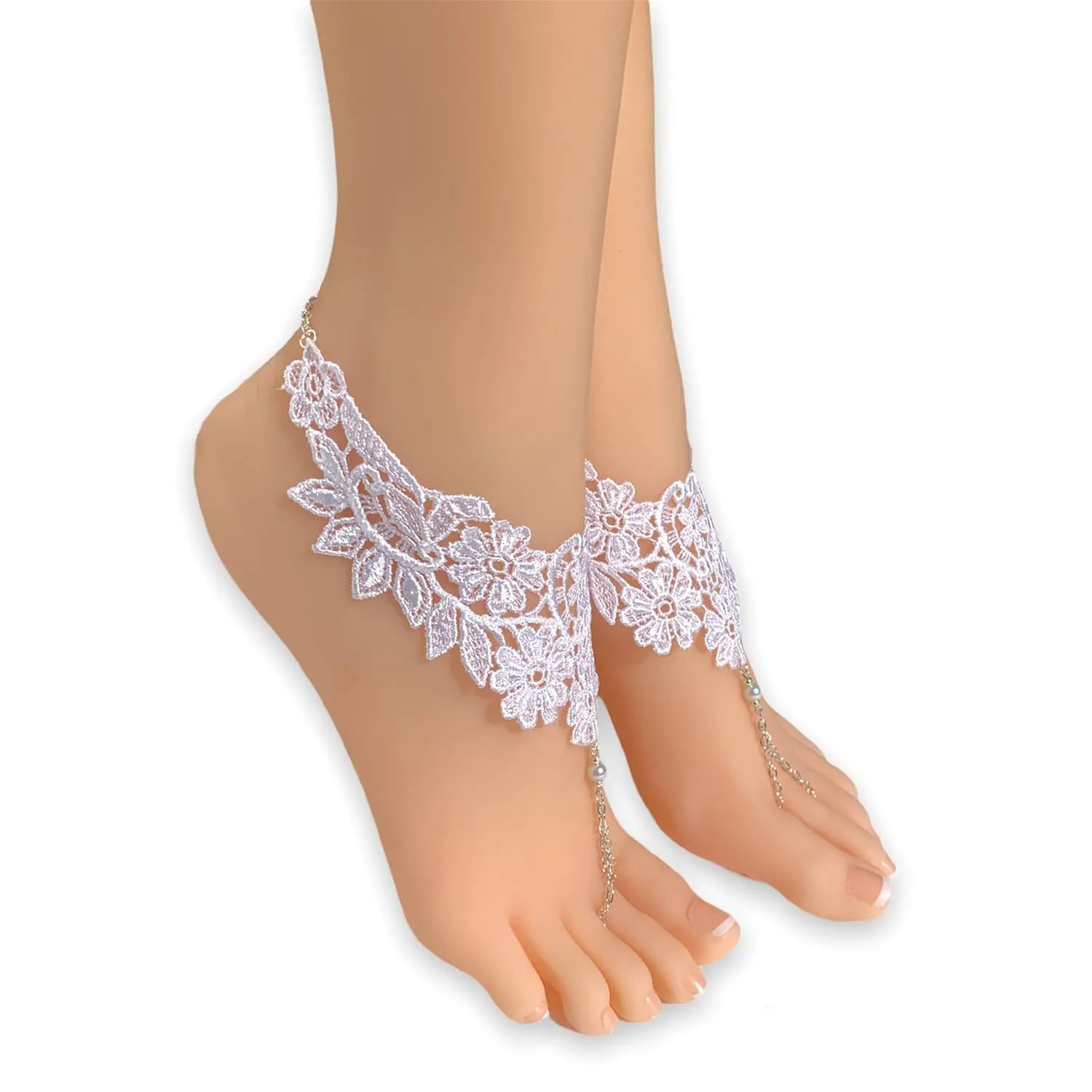 Lace Barefoot Sandals, White Beaded Foot Jewelry, Silver Chain Anklets. Beach Wedding Bridal Accessory (US Women's shoe size 5)