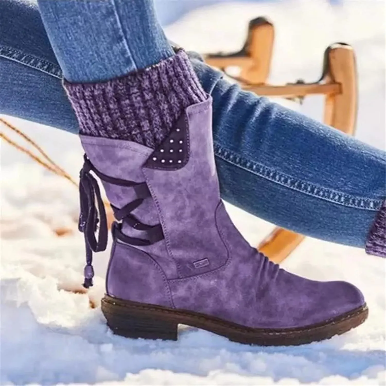 Lausiuoe Boots For Women Low Heel Mid Calf Winter Boots Side Zip Western Platform Hiking Booties Warm Non Slip Outdoor Shoes