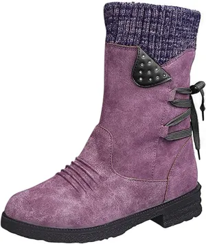 Lausiuoe Boots For Women Low Heel Mid Calf Winter Boots Side Zip Western Platform Hiking Booties Warm Non Slip Outdoor Shoes