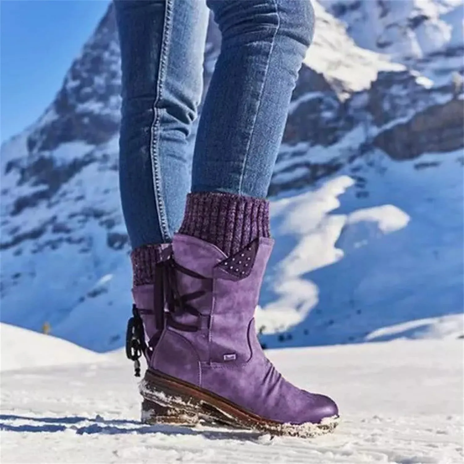 Lausiuoe Boots For Women Low Heel Mid Calf Winter Boots Side Zip Western Platform Hiking Booties Warm Non Slip Outdoor Shoes