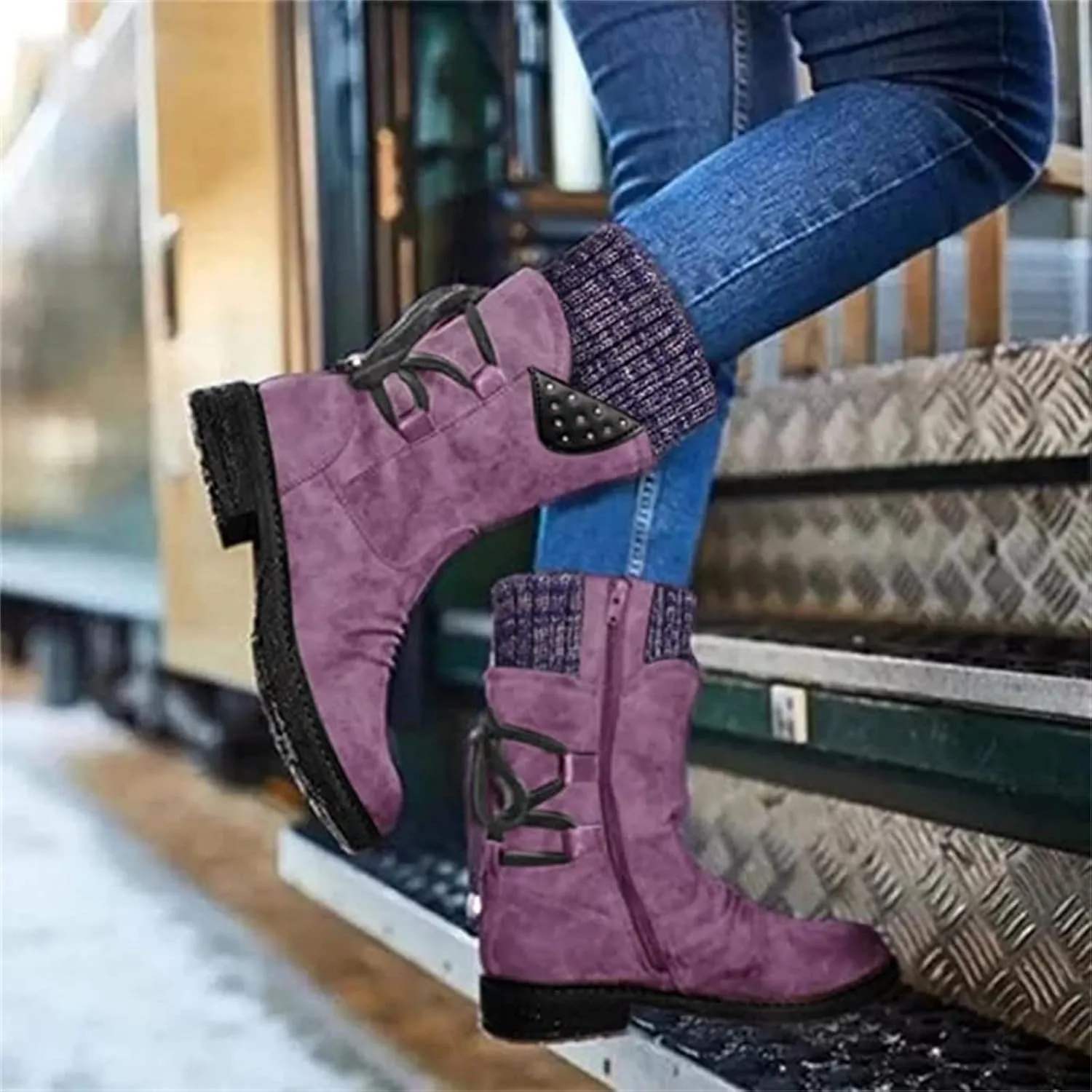 Lausiuoe Boots For Women Low Heel Mid Calf Winter Boots Side Zip Western Platform Hiking Booties Warm Non Slip Outdoor Shoes