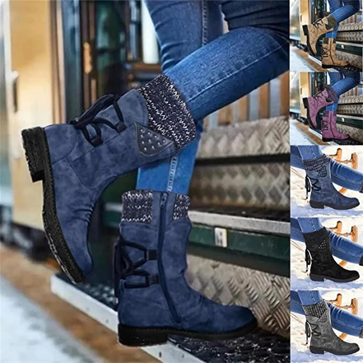 Lausiuoe Boots For Women Low Heel Mid Calf Winter Boots Side Zip Western Platform Hiking Booties Warm Non Slip Outdoor Shoes