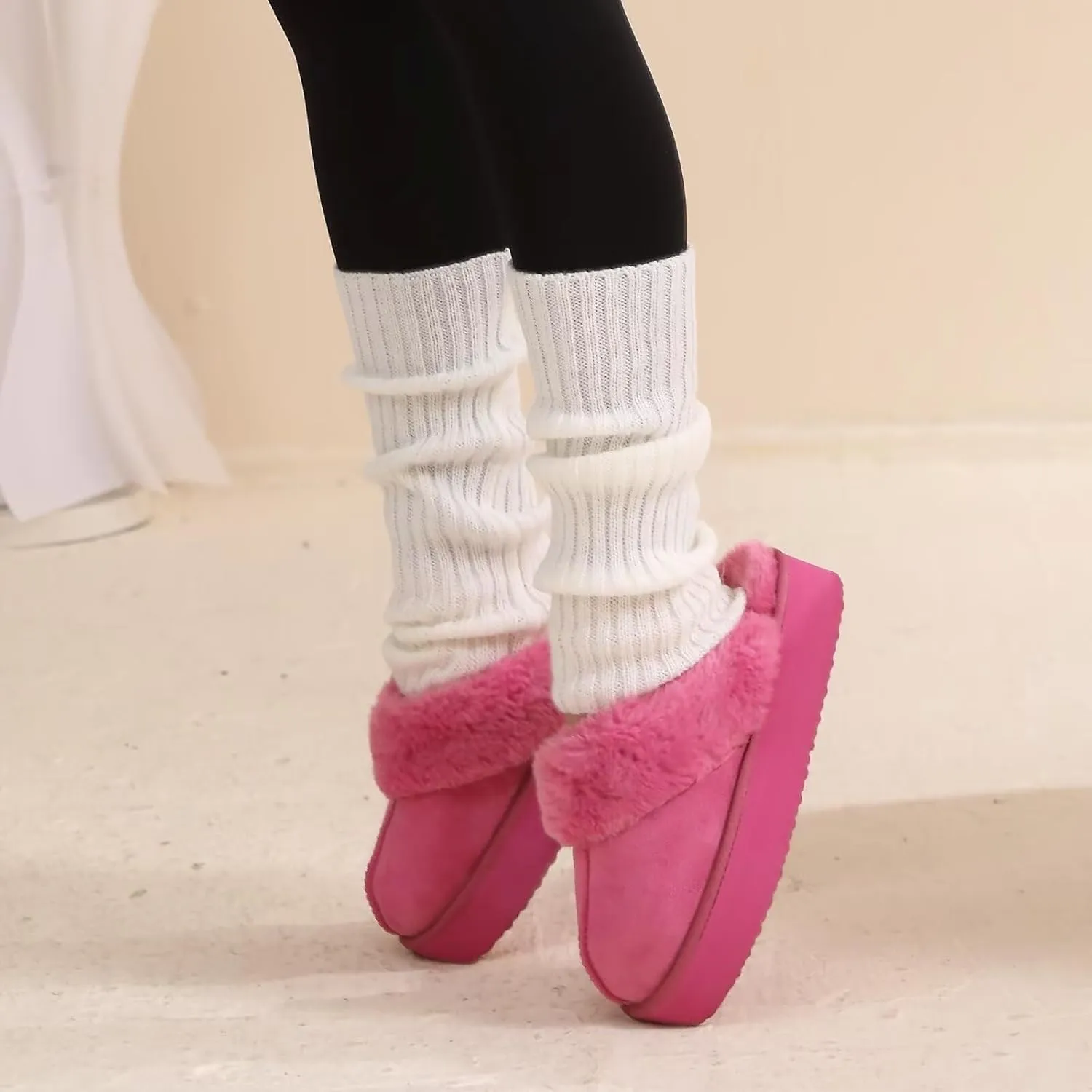 LBF Fuzzy Platform Slippers for Women Super Soft Fur Slippers Cozy Warm Slip On Slippers Indoor and Outdoor