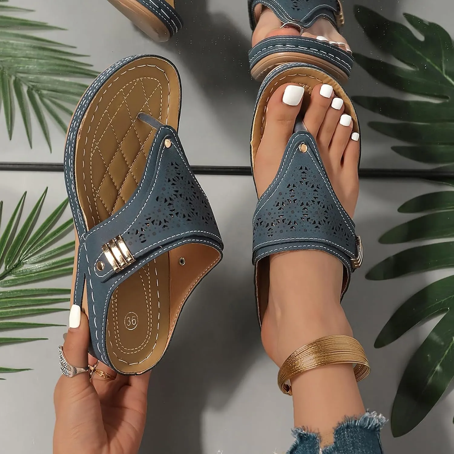 Leather Sandals Women 2025 Summer Comfortable Slip on Orthopedic Sandals Arch Support Wedge Sandal Beach Flip Flops
