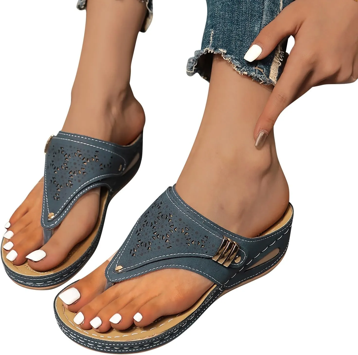 Leather Sandals Women 2025 Summer Comfortable Slip on Orthopedic Sandals Arch Support Wedge Sandal Beach Flip Flops
