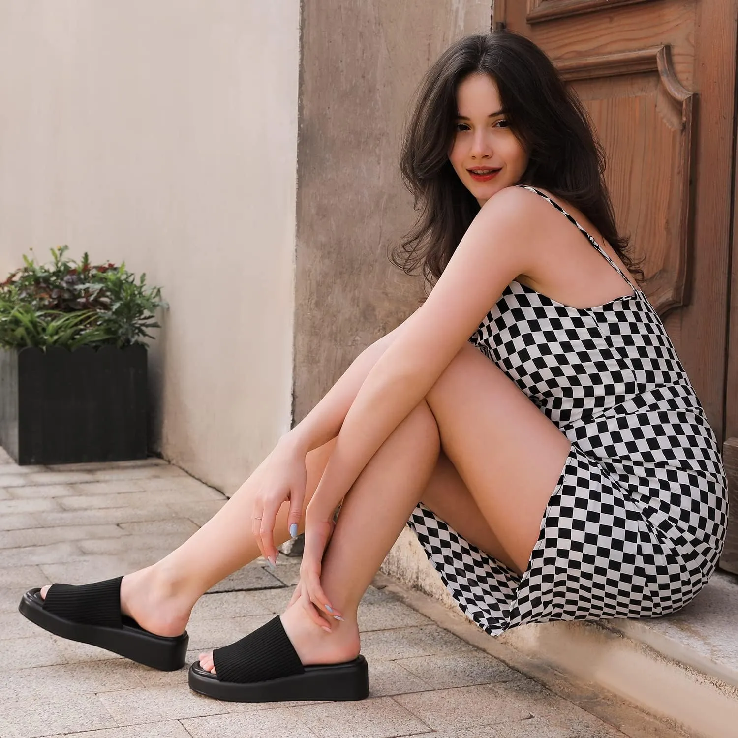 Leevar Nude White Black Platform Wedges Sandals for Women - Soft Memory Foam Padded Backless Slip On Comfy Square Open Toe Mules Summer Casual Flatform Platform Wedge Sandals Slides for Women