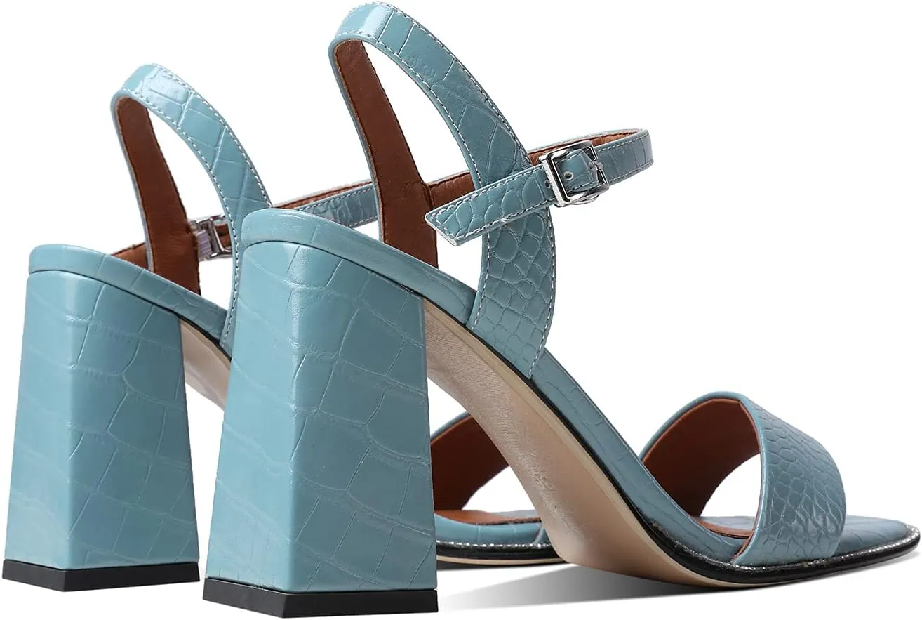 LEHOOR Chunky Heel Rhinestone Sandals Ankle Strap Round Peep Toe 3.5 Inch High Block Heel Crystal Sandals One Single Band Matte Leather Two piece Crocodile Dress Shoes for Summer Wedding Casual Sexy 4-11 M US