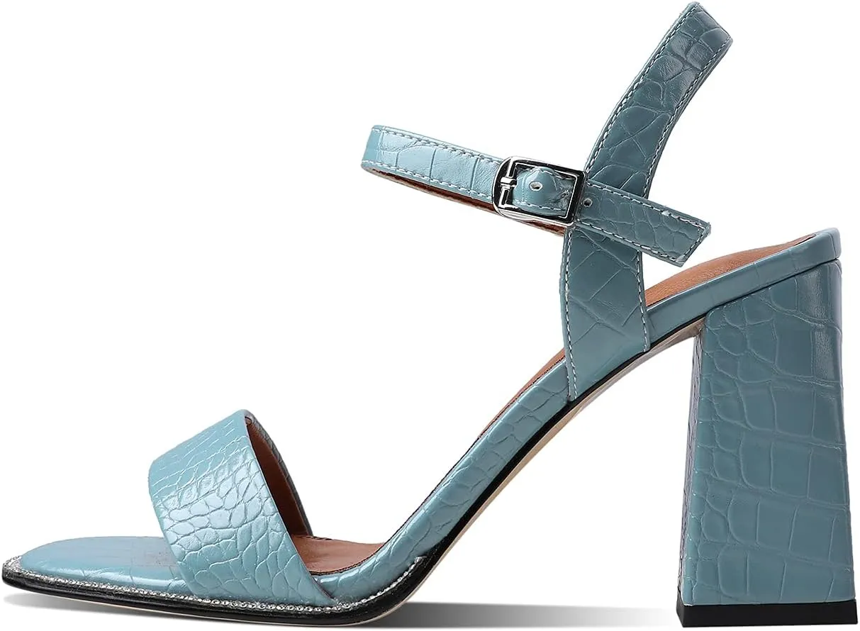 LEHOOR Chunky Heel Rhinestone Sandals Ankle Strap Round Peep Toe 3.5 Inch High Block Heel Crystal Sandals One Single Band Matte Leather Two piece Crocodile Dress Shoes for Summer Wedding Casual Sexy 4-11 M US