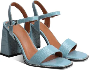 LEHOOR Chunky Heel Rhinestone Sandals Ankle Strap Round Peep Toe 3.5 Inch High Block Heel Crystal Sandals One Single Band Matte Leather Two piece Crocodile Dress Shoes for Summer Wedding Casual Sexy 4-11 M US