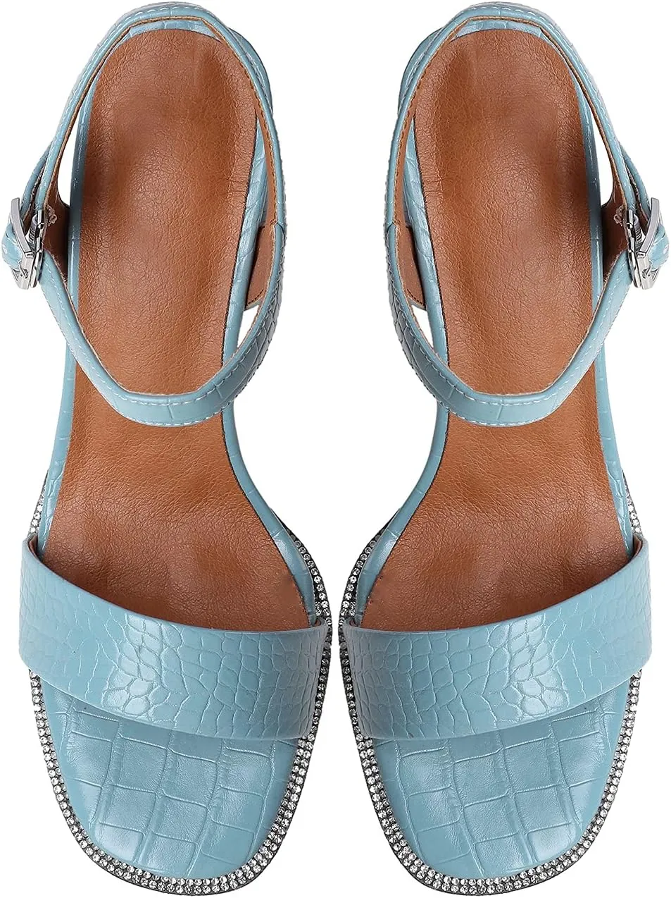 LEHOOR Chunky Heel Rhinestone Sandals Ankle Strap Round Peep Toe 3.5 Inch High Block Heel Crystal Sandals One Single Band Matte Leather Two piece Crocodile Dress Shoes for Summer Wedding Casual Sexy 4-11 M US