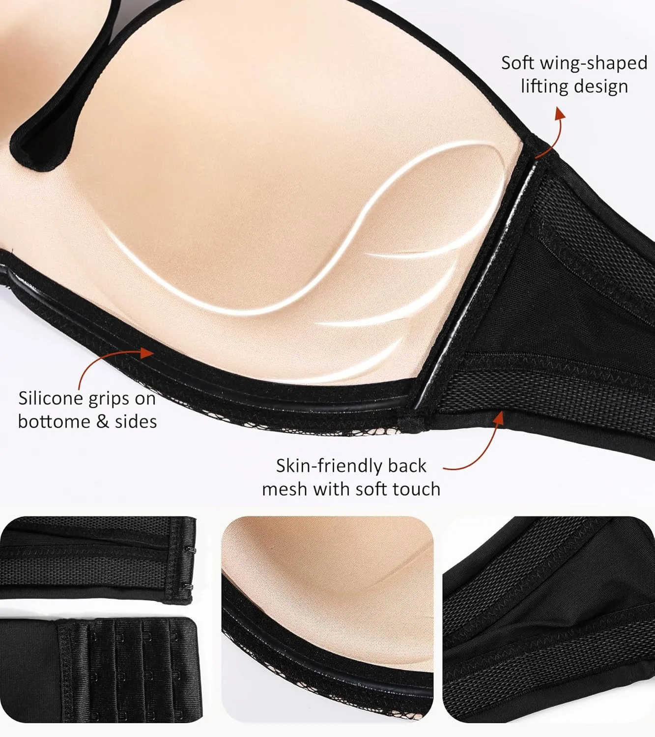 Lemorosy Women's Wireless Push Up Plunge Padded Non-Slip Invisible Strapless Bra