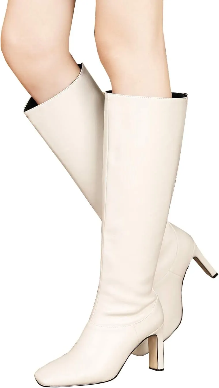 LEMUTISME Women's Trendy Closed Square Toe Matte Leather Two-tone Wide Calf Chunky High Heel Dress Slip On Knee High Boots
