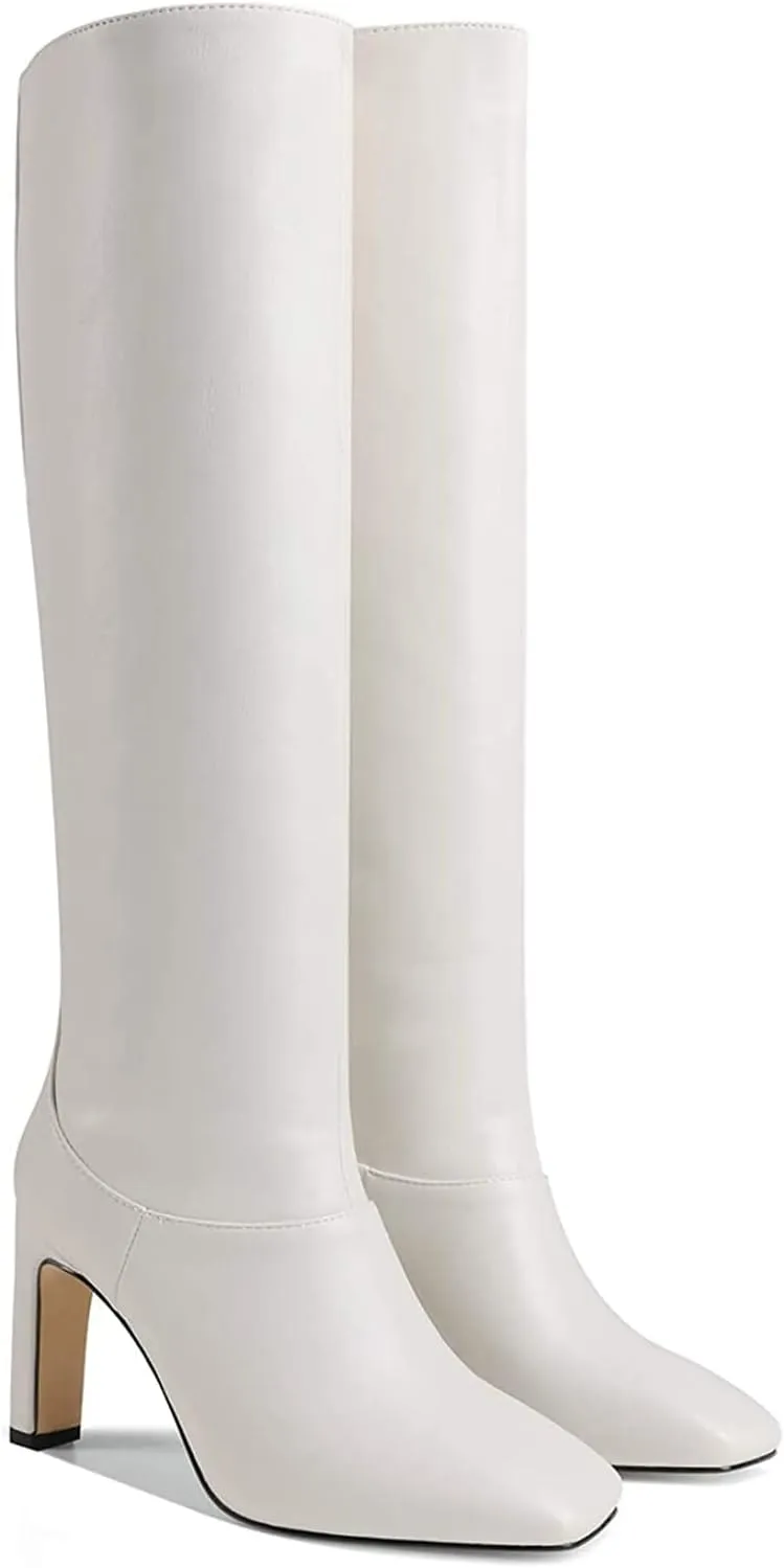 LEMUTISME Women's Trendy Closed Square Toe Matte Leather Two-tone Wide Calf Chunky High Heel Dress Slip On Knee High Boots