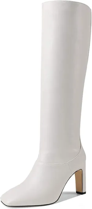 LEMUTISME Women's Trendy Closed Square Toe Matte Leather Two-tone Wide Calf Chunky High Heel Dress Slip On Knee High Boots