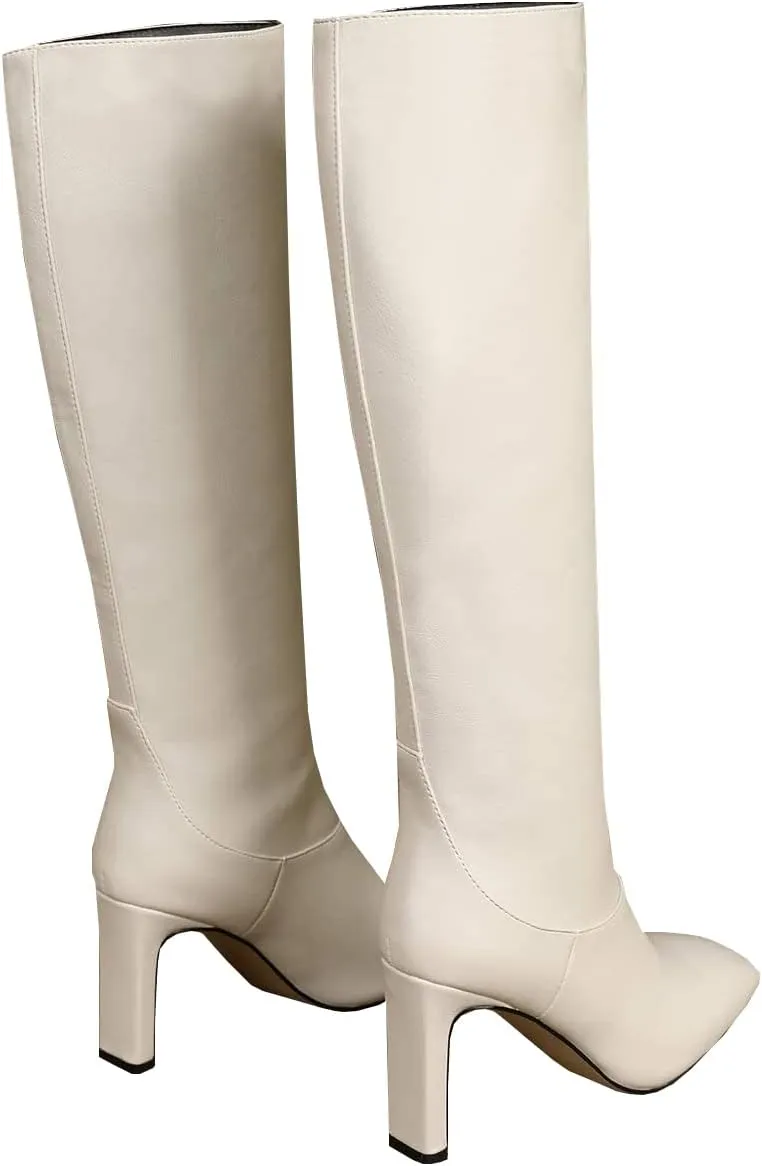 LEMUTISME Women's Trendy Closed Square Toe Matte Leather Two-tone Wide Calf Chunky High Heel Dress Slip On Knee High Boots