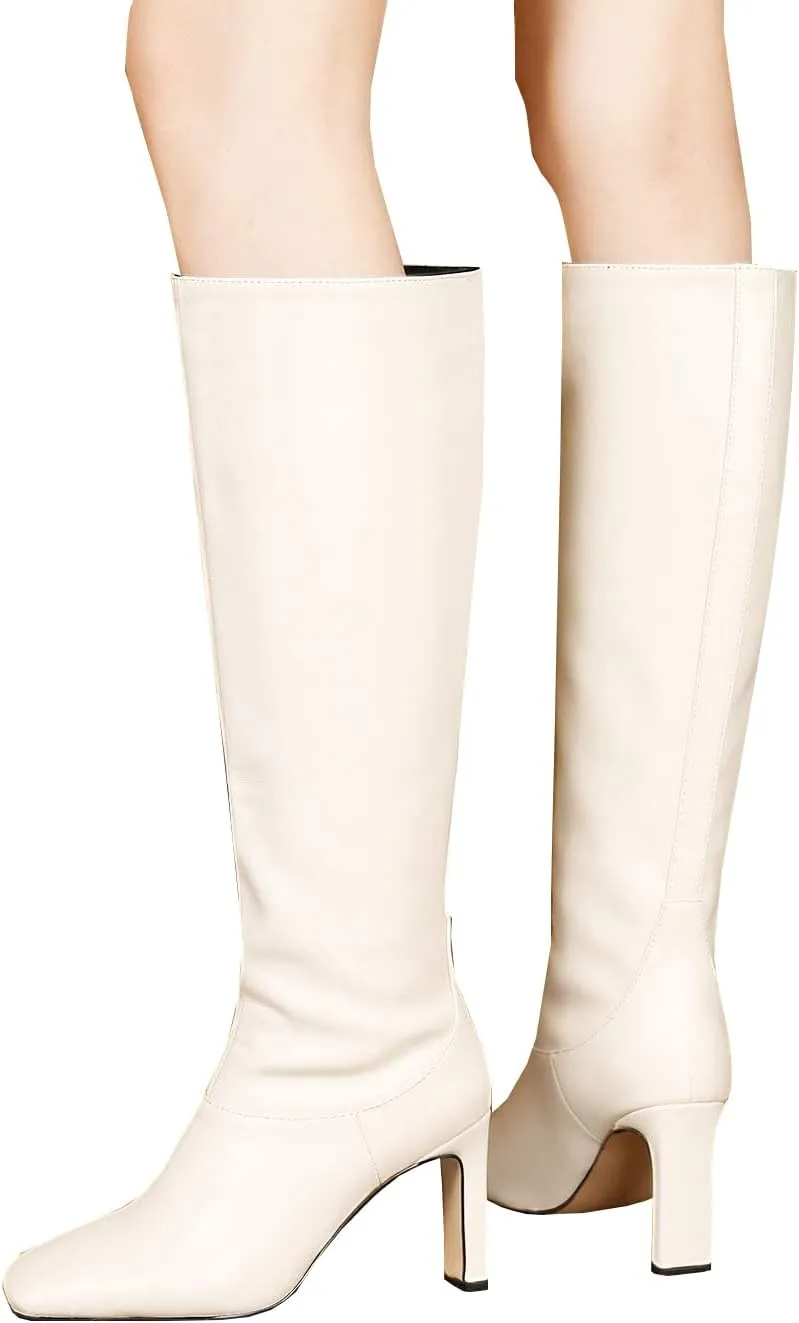 LEMUTISME Women's Trendy Closed Square Toe Matte Leather Two-tone Wide Calf Chunky High Heel Dress Slip On Knee High Boots