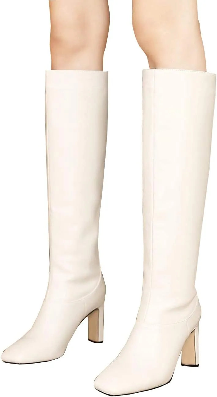 LEMUTISME Women's Trendy Closed Square Toe Matte Leather Two-tone Wide Calf Chunky High Heel Dress Slip On Knee High Boots