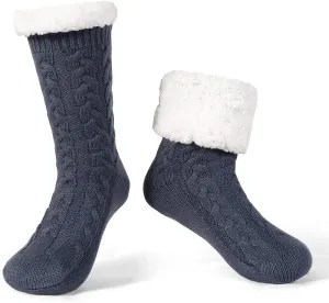 LEMZONE Men's Warm Cozy Slipper Socks Non Slip Winter Fuzzy Fleece Lining Cabin Sock with Grips
