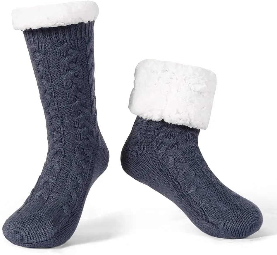 LEMZONE Men's Warm Cozy Slipper Socks Non Slip Winter Fuzzy Fleece Lining Cabin Sock with Grips