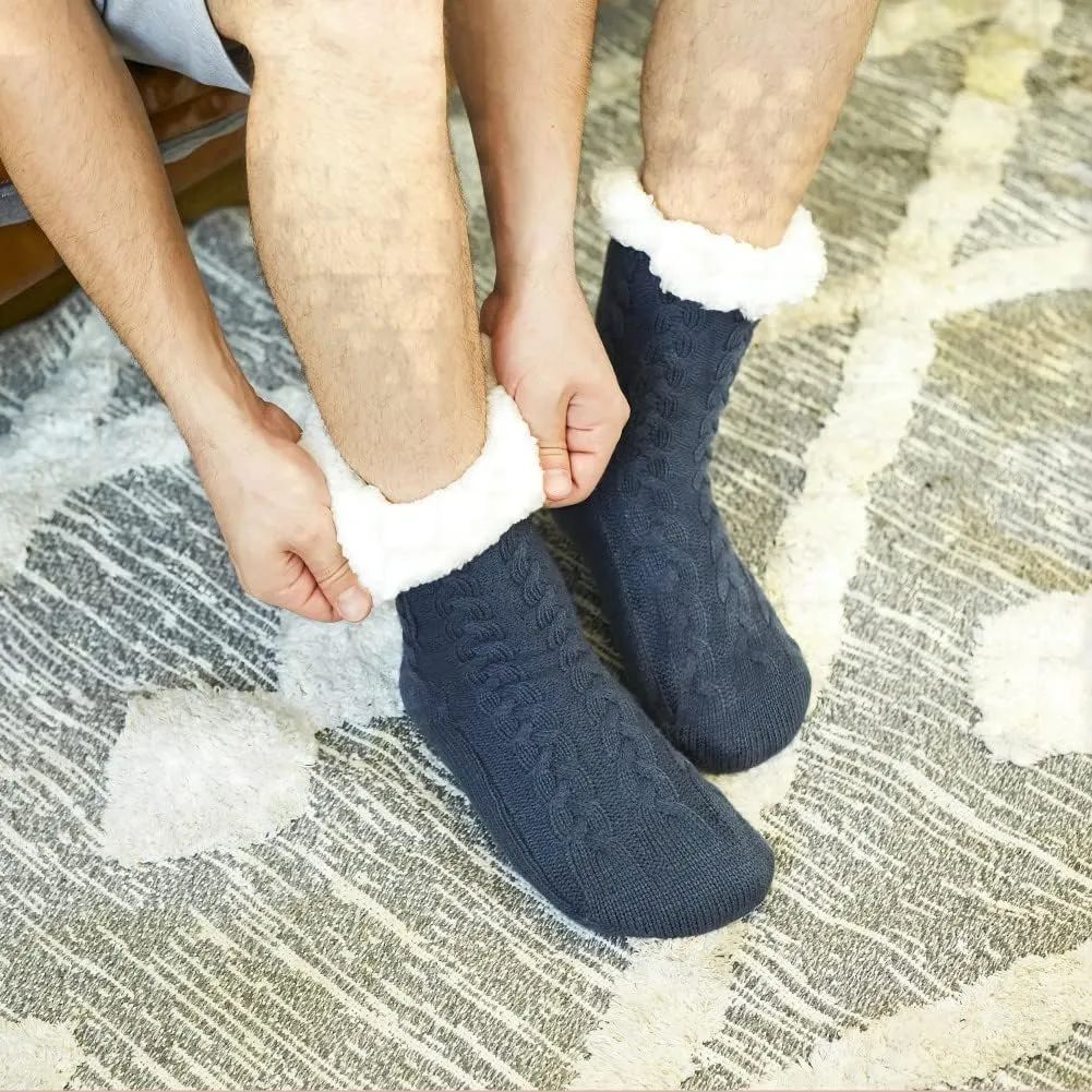 LEMZONE Men's Warm Cozy Slipper Socks Non Slip Winter Fuzzy Fleece Lining Cabin Sock with Grips