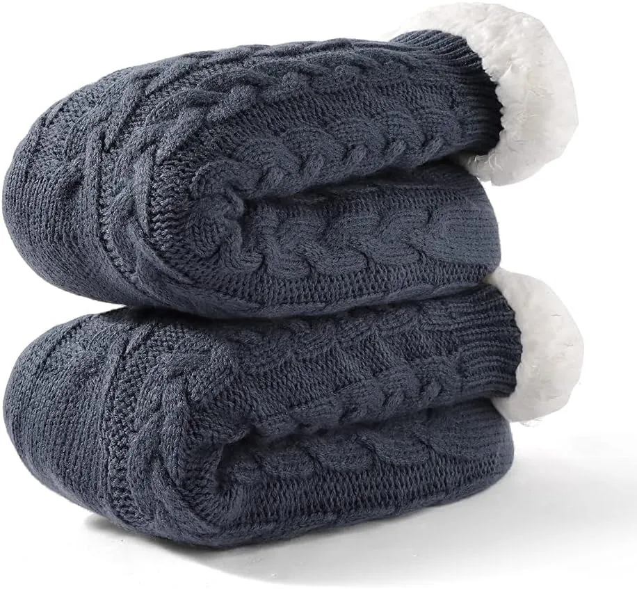 LEMZONE Men's Warm Cozy Slipper Socks Non Slip Winter Fuzzy Fleece Lining Cabin Sock with Grips