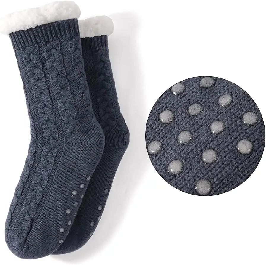 LEMZONE Men's Warm Cozy Slipper Socks Non Slip Winter Fuzzy Fleece Lining Cabin Sock with Grips