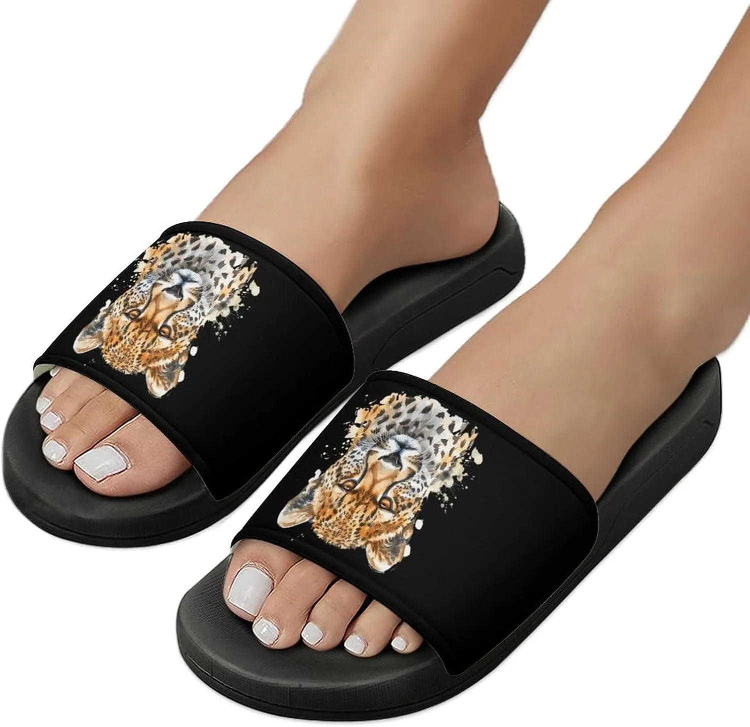 Leopard Cheetah Leopard Head Watercolor PVC Slide Sandals Non-Slip Shower Slipper Open Toe House Shoes for Men Women