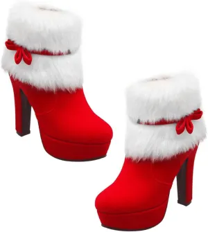 LIFKOME Ankle Boots Womens Chunky High Heel Bow- Knot Side Zipper Faux Fur Ankle Round Toe Block Winter Snow Mid- Calf Bootie Boots Short Boots