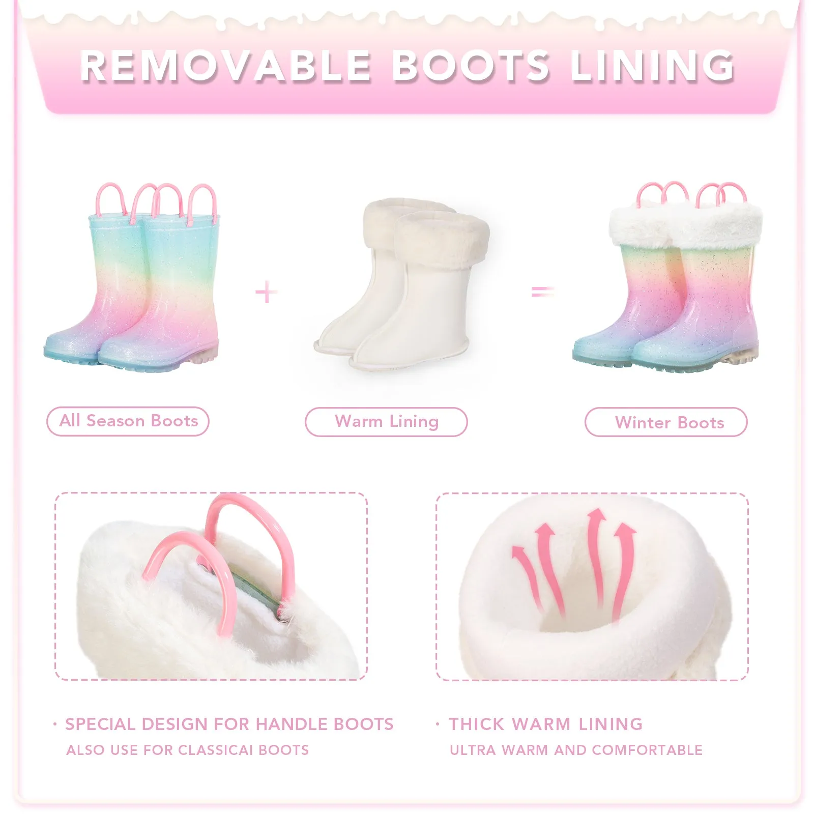 Light Up Pink Warm Kids Rain Boots