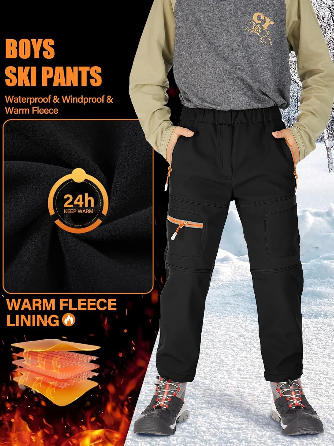 linlon Kids Boy's Snow Waterproof Pants Youth Fleece Lind Hiking Softshell Warm Insulated Trousers