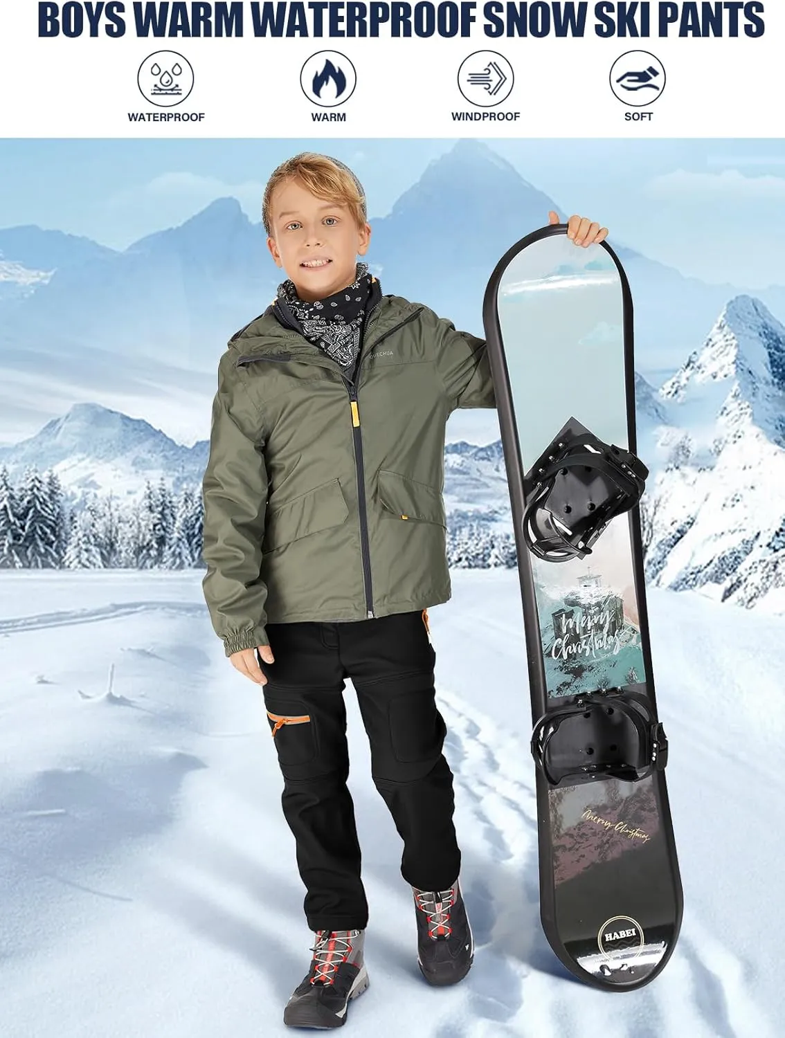 linlon Kids Boy's Snow Waterproof Pants Youth Fleece Lind Hiking Softshell Warm Insulated Trousers