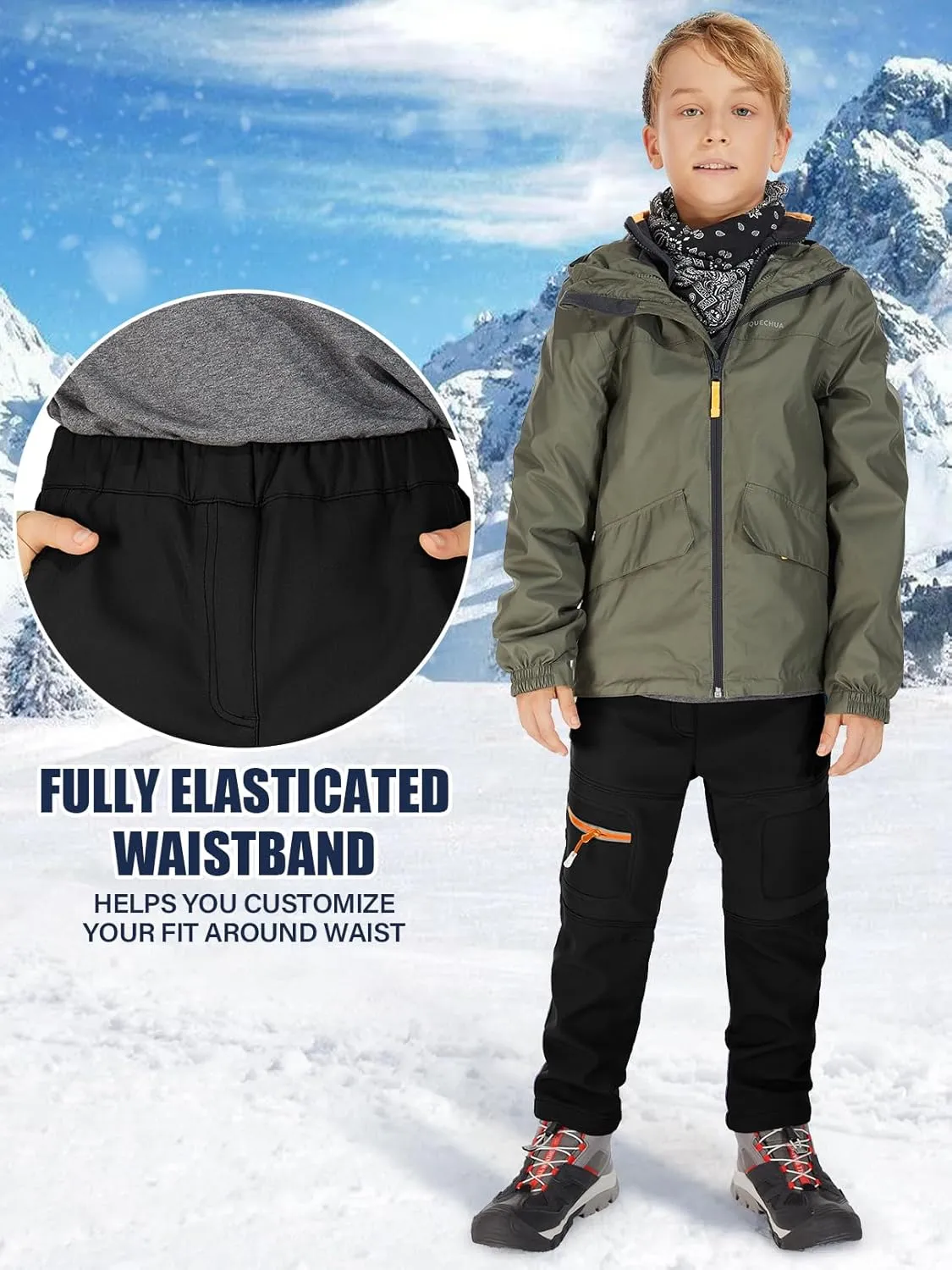 linlon Kids Boy's Snow Waterproof Pants Youth Fleece Lind Hiking Softshell Warm Insulated Trousers