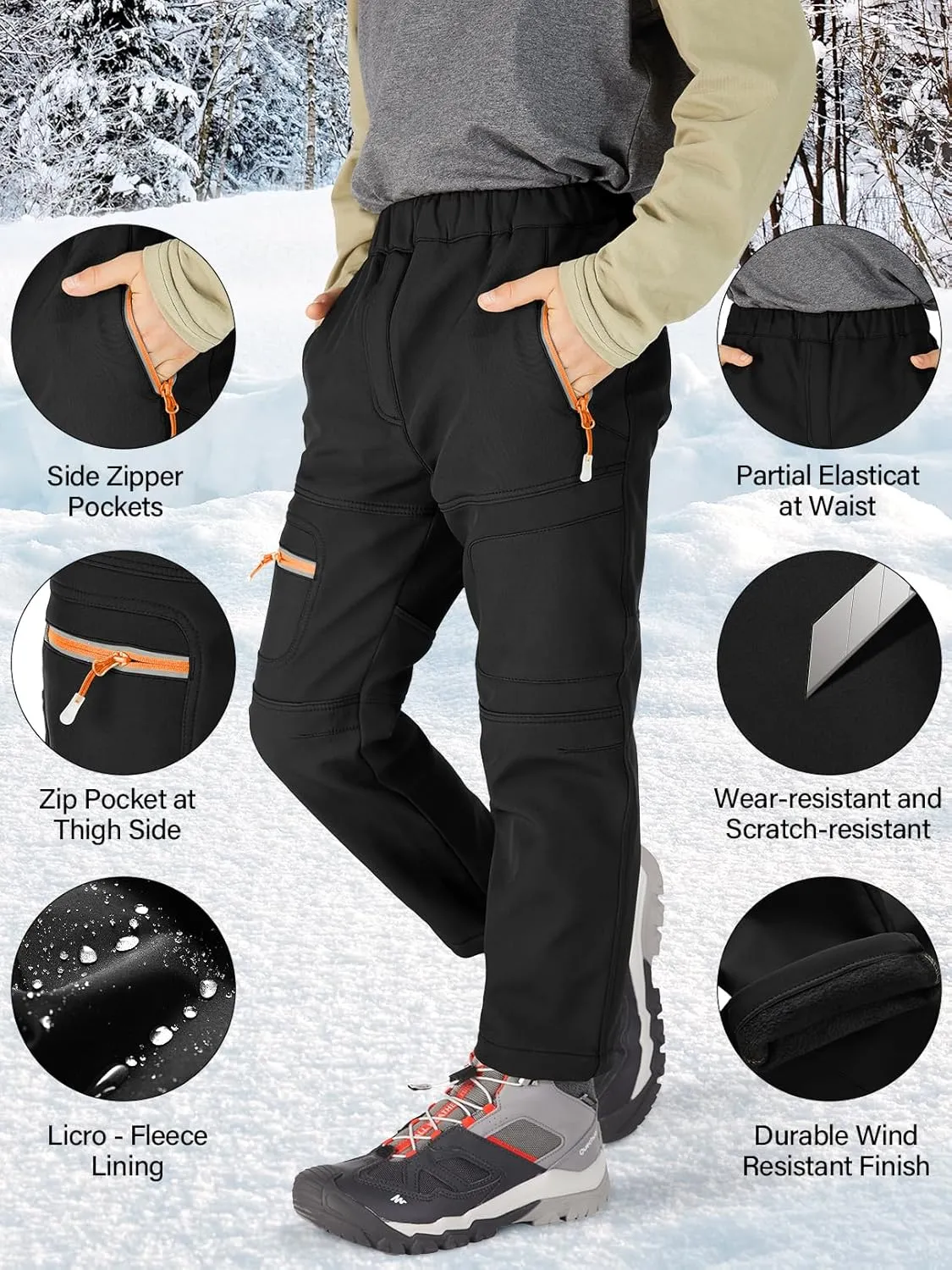 linlon Kids Boy's Snow Waterproof Pants Youth Fleece Lind Hiking Softshell Warm Insulated Trousers