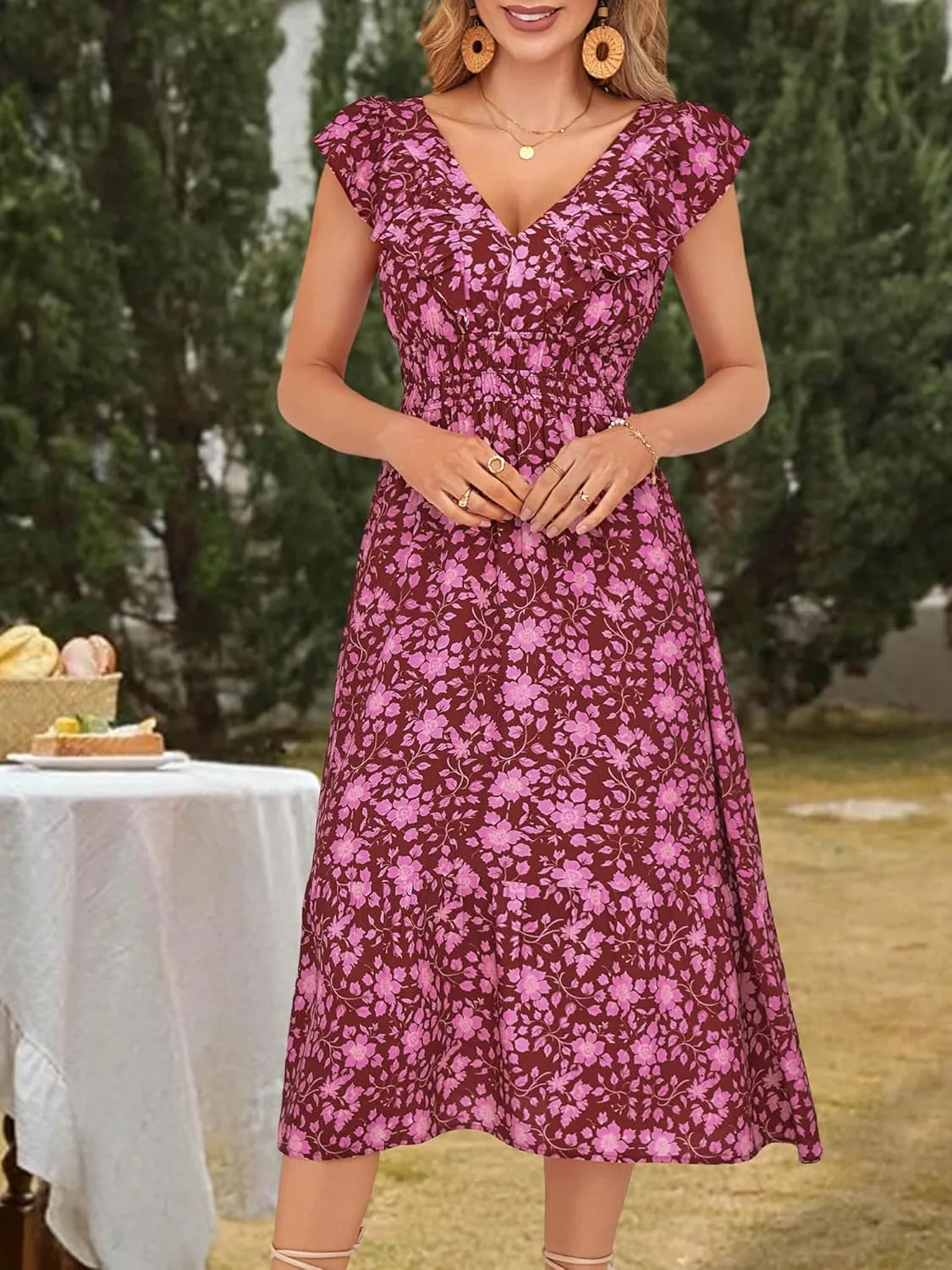 LOLOCCI Midi Ruffle Sleeve V Neck Wedding Guest Women Sundress Milkmaid Empire Waist Floral Summer Easter Church Dress