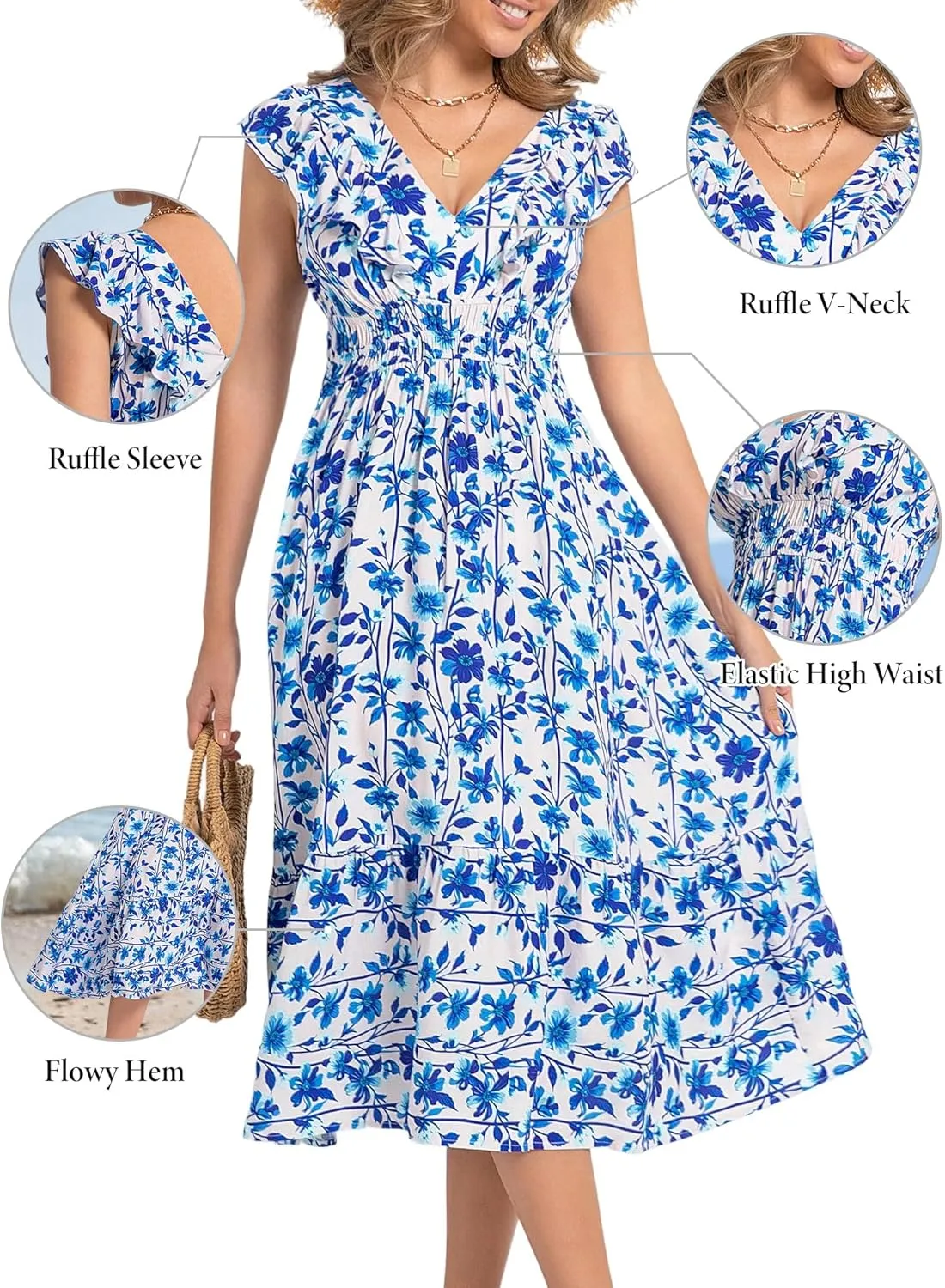 LOLOCCI Midi Ruffle Sleeve V Neck Wedding Guest Women Sundress Milkmaid Empire Waist Floral Summer Easter Church Dress