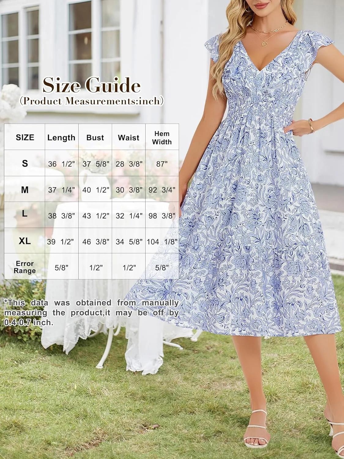 LOLOCCI Midi Ruffle Sleeve V Neck Wedding Guest Women Sundress Milkmaid Empire Waist Floral Summer Easter Church Dress