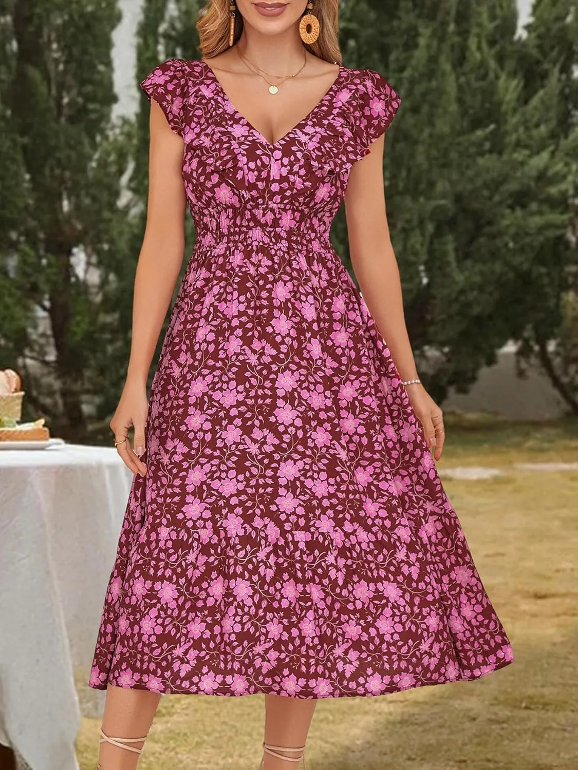 LOLOCCI Midi Ruffle Sleeve V Neck Wedding Guest Women Sundress Milkmaid Empire Waist Floral Summer Easter Church Dress